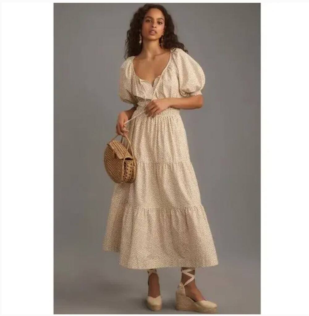 Anthropologie The Somerset Maxi Dress Puff-Sleeve Edition Tan Brown Size Large